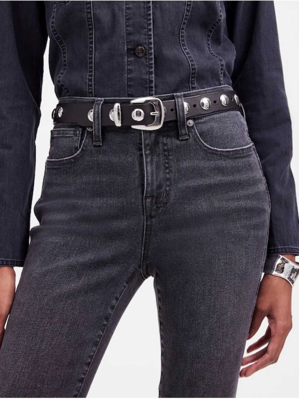 Madewell Black Studded Leather Belt with Silver Buckle